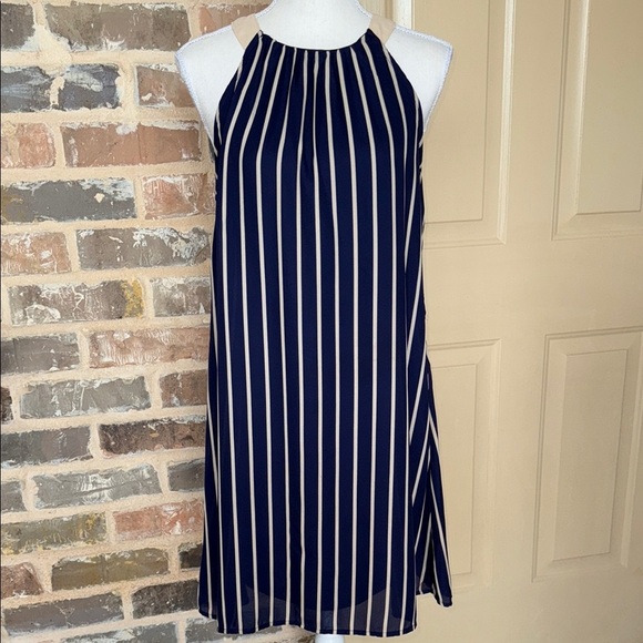 Ya Los Angeles Elegant Navy and Tan Striped Halter Dress Sz S - Picture 1 of 12